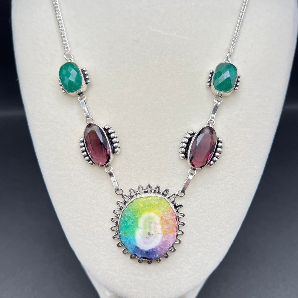 Rainbow Solar Quartz Necklace Silver Green Garnet Faceted Gemstones Boho Artisan